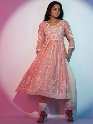 Libas WomenS Cotton Ethnic Motifs A-Line Kurta (37199_Peach