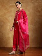 Varanga Women Floral Heavy Thread Embroidered Schffili Hem Kurta With Trouser & Dupatta