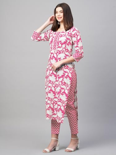 ANNI DESIGNER Womens Cotton Blend Printed Straight Kurta with Pant (Pustak Baby Pink_S_Black_Small)