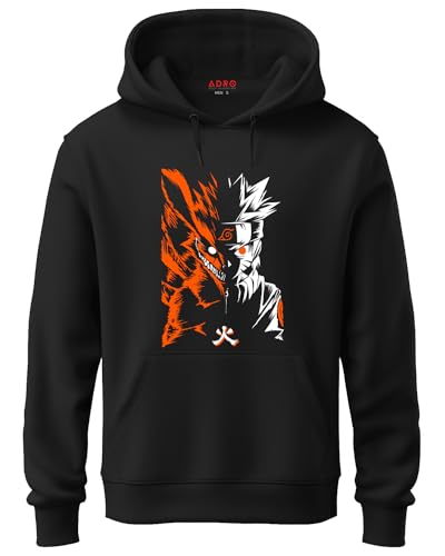 ADRO Mens Hoodies with Naruto Uzumaki Anime Printed, 100% Cotton 340GSM Warm & Soft Fabric. (H23-M-NRR-BL_Black_XL)