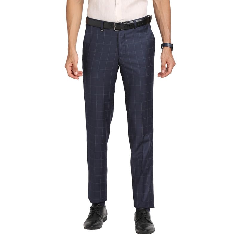 Turtle Men Tery Rayon Navy Check Slim Fit Formal Trouser
