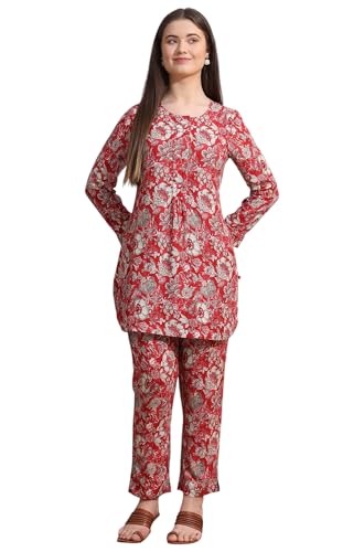 W For Woman Red Floral Printed Rayon Straight Short Kurti And Pants Co-Ord Set (Size: Xl)-Ws31185-124293