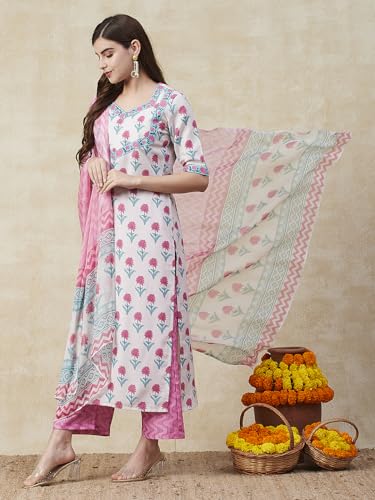 ANNI DESIGNER Womens Cotton Blend Straight Printed Kurta with Pant & Dupatta (Pipad Cream-NRE_XL_Cream_X-Large)