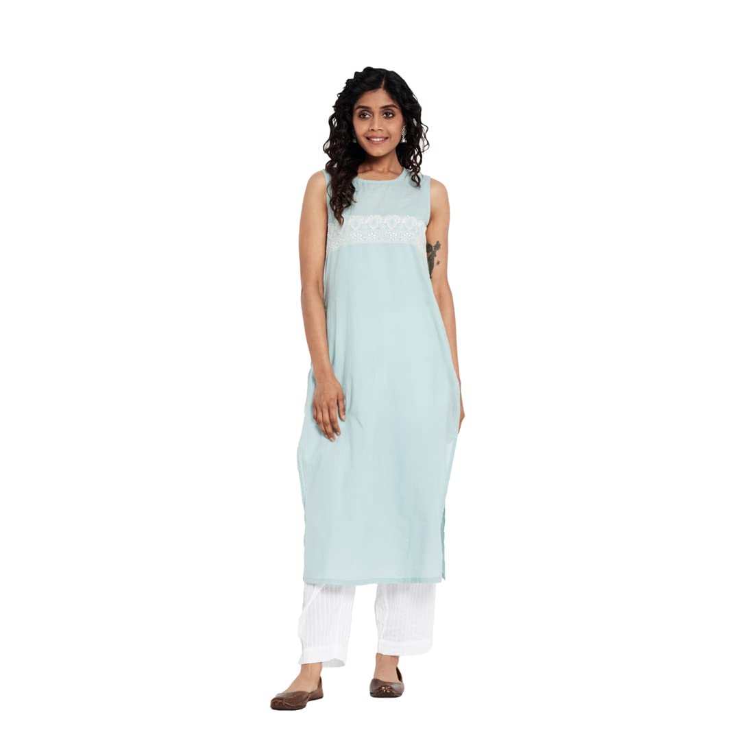 Fabindia Women Slub Chikankari Slim Fit Long Kurta Cotton_Turquoise Blue