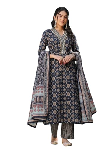 NAINVISH Womens Viscose Rayon Printed Straight V-Neck Kurta Pant with Dupatta (SD714_KBD-XXL_Blue)