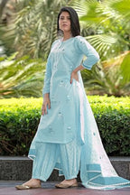 ANNI DESIGNER Womens Rayon Blend Hand Block Printed Straight Kurta with Pant & Dupatta (RAGSRI ICE BLUE-VKS04_M_Sky Blue_Medium