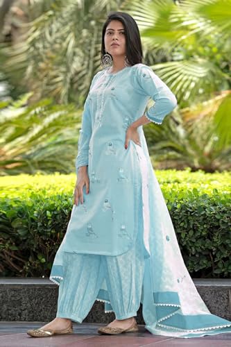 ANNI DESIGNER Womens Rayon Blend Hand Block Printed Straight Kurta with Pant & Dupatta (RAGSRI ICE BLUE-VKS04_XL_Sky Blue_X-Lar