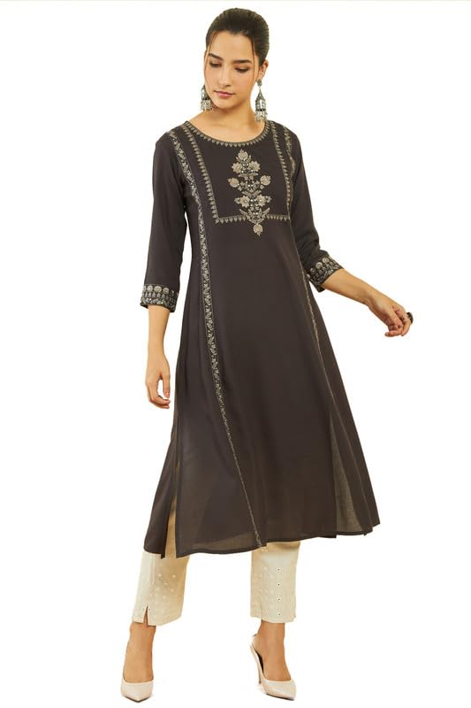 Soch Women Rayon Floral Embroidered Round-Neck A-Line Kurta