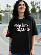 Bewakoof Official Squid Game Merchandise Womens Typography Oversized Fit Half Sleeve Round Neck Cotton Jersey T-Shirt_655109_Bl