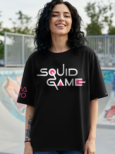 Bewakoof Official Squid Game Merchandise Womens Typography Oversized Fit Half Sleeve Round Neck Cotton Jersey T-Shirt_655109_Bl