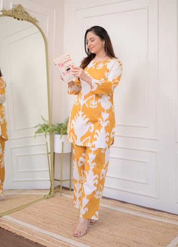 ANNI DESIGNER Womens Cotton Blend Printed Ethnic Co-ord Set (Minara Yellow-NW_S_Yellow_Small)