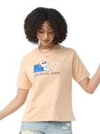 The Souled Store Peanuts: Vacation Mode Women and Girls Short Sleeves Round Neck Beige Graphic Printed Cotton Relaxed Fit T-Shir