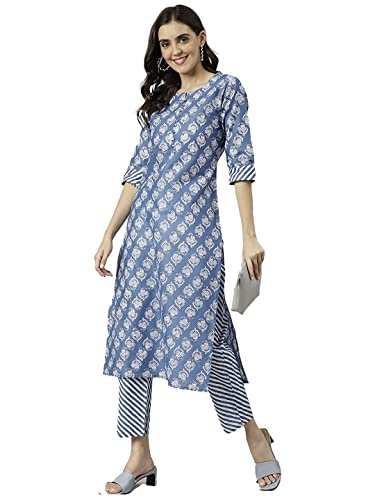 ANNI DESIGNER Womens Cotton Blend Straight Printed Kurta with Pant (Funnu Blue New_L_Blue_Large)