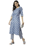 ANNI DESIGNER Womens Cotton Blend Straight Printed Kurta with Pant (Funnu Blue New_L_Blue_Large)