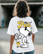 Bewakoof Official Peanuts Merchandise Womens Graphic Printed Oversized Fit Half Sleeve Round Neck Cotton T-Shirt_ 594428_White_