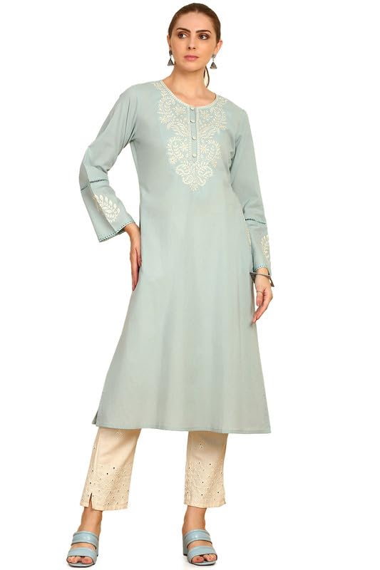 Soch Women Solid with Yoke Embroidered Cotton Kurta with Lace
