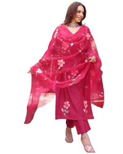 ANNI DESIGNER Womens Rayon Blend Straight Printed Kurta with Pant & Dupatta (ROKA Rani_XL_Pink_X-Large)