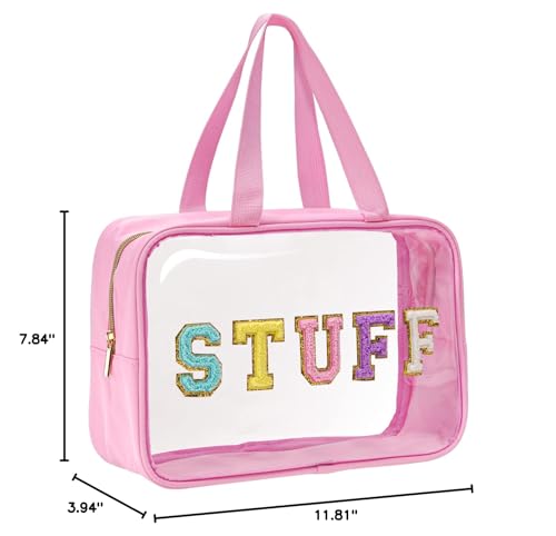 Yowivon Clear Stuff Tote Bag Pink Big Travel Cosmetic Makeup Toiletry Bag with Handle and Zipper, Transparent Waterproof Beach S