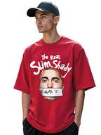 Bewakoof MenS Real Slim Shady Graphic Print Cotton T-Shirt- Oversized Fit, Round Neck, Half Sleeves 584921_Red_M