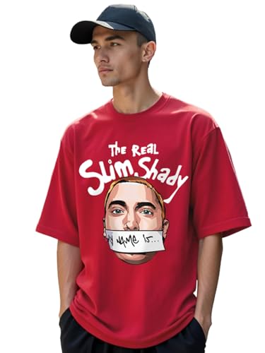 Bewakoof MenS Real Slim Shady Graphic Print Cotton T-Shirt- Oversized Fit, Round Neck, Half Sleeves 584921_Red_M
