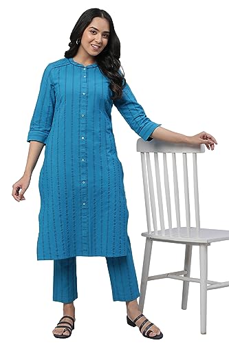 Aurelia WomenS Blue Lurex Stripe Kurta & Trouser Co-Ord Set_23Auas14307-704175_L