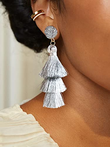 Me&Hz Layered Silver Tassel Earrings for Women Dangling parkling Long Statement Metallic Silver Fringe Earrings Bohemian Birthda