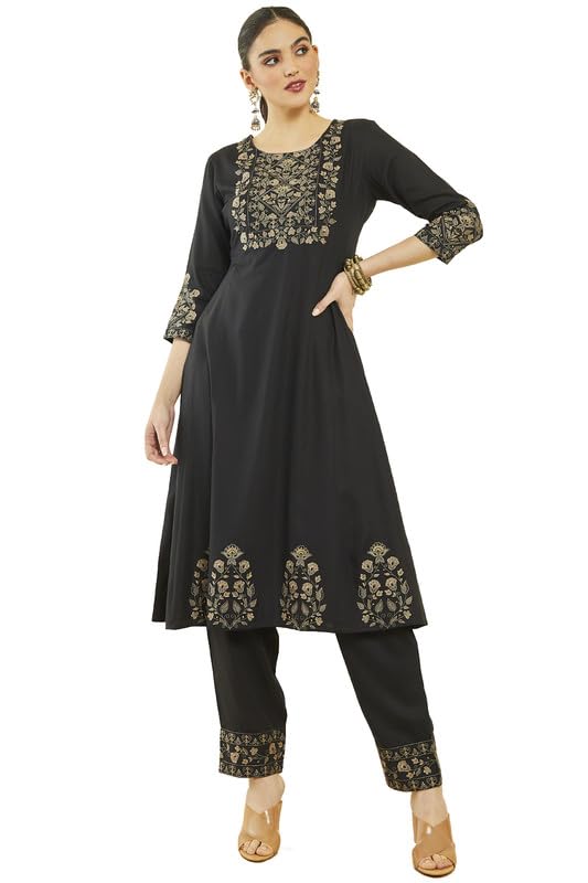 Soch Womens Black Rayon Floral Embroidered Round-Neck Kali Kurta Sets