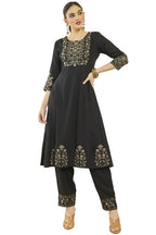 Soch Womens Black Rayon Floral Embroidered Round-Neck Kali Kurta Sets