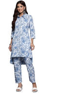 Varanga Women Blue Floral Printed High- Low Kurta With Bottom