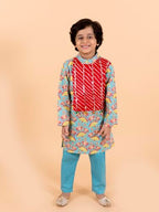 Pspeaches Kids-Boys Sea Green Printed Pleated Pure Cotton Kurta With Churidar