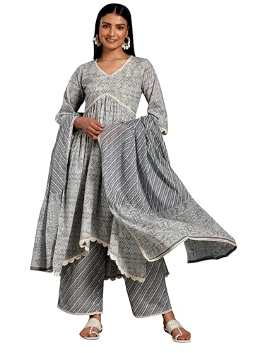 Libas Womens Printed Cotton A-Line Kurta With Palazzos And Dupatta