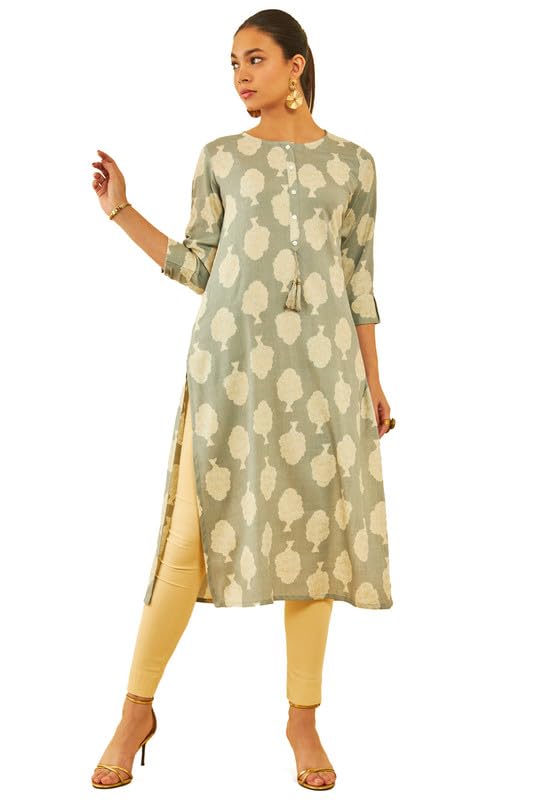 Soch Women Rayon Botanical Printed Roll-Up Sleeves Kurta with Tassels