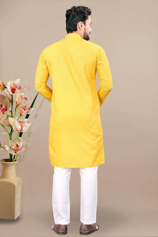 Fashion Gallery MenS Solid Pattern Polycotton Kurta With Long Sleeve Round Neck Knee Length And Pull On Closure Type|Men Kurta