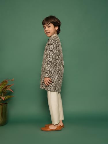 VASTRAMAY Boys Embroidered Kurta Pant Set with Gold-Trimmed Placket and Loafers Festive & Ethnic Wear