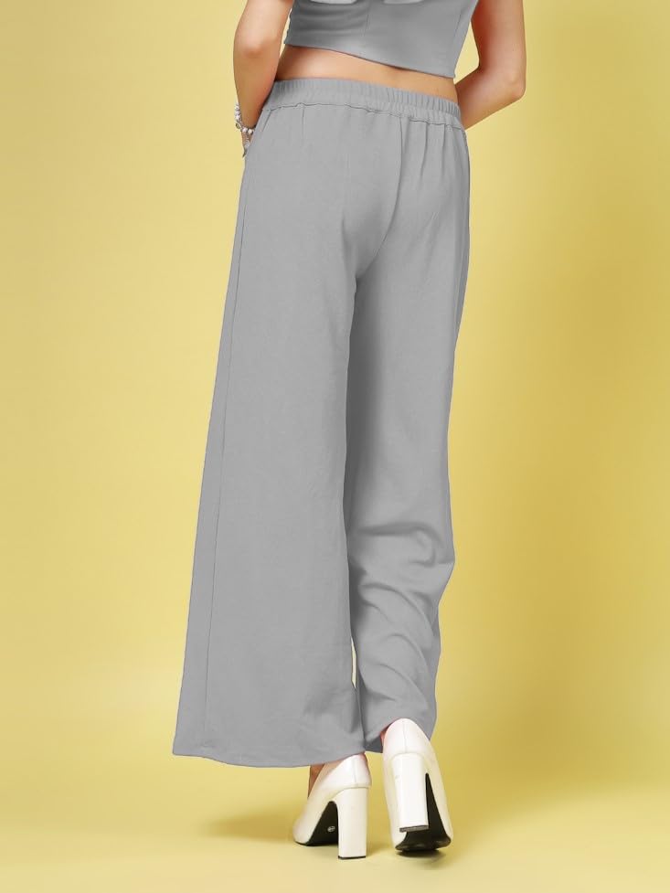 Womens Wide Leg Pants | Solid Grey Stretchable Polyester Trousers | Stylish Korean Clothing | Flared, Straight Fit, Baggy, and