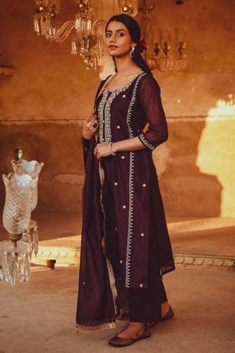 ANNI DESIGNER Womens Cotton Blend Embroidered Straight Kurta with Pant & Dupatta (Ultra101 Wine_L_Wine_Large)