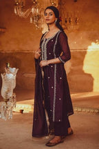 ANNI DESIGNER Womens Cotton Blend Embroidered Straight Kurta with Pant & Dupatta (Ultra101 Wine_M_Wine_Medium)