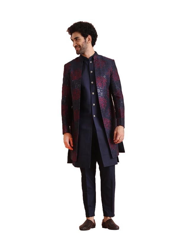 Kisah Mens Jacket Sherwani Trouser Set|Silk Blend Fabric Jacquard Pattern Indo-Western Sherwani With Waistcoat And Trouser Set|R