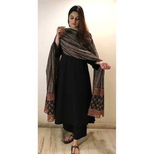 ANNI DESIGNER Womens Rayon Viscose Anarkali Solid Kurta with Pant & Dupatta (Avantika Black-VKS01_S_Black_Small)