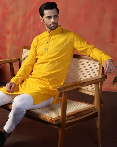 Toplot Kurta For Men || MenS Ethnic Wear Sequin Embroidered Cotton Blend Kurta Set || MenS Kurta (Men-Seq-Kurta-Set-5209-Yello