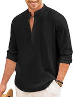 Macsivo MenS Casual Cotton Polyester Blend Long Sleeve Henley Short Kurta | Lightweight Summer Kurta Black