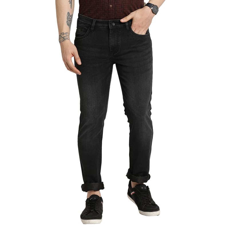 Turtle Men Cotton Stretch Black Plain Narrow Fit Flat Front Casual Jeans