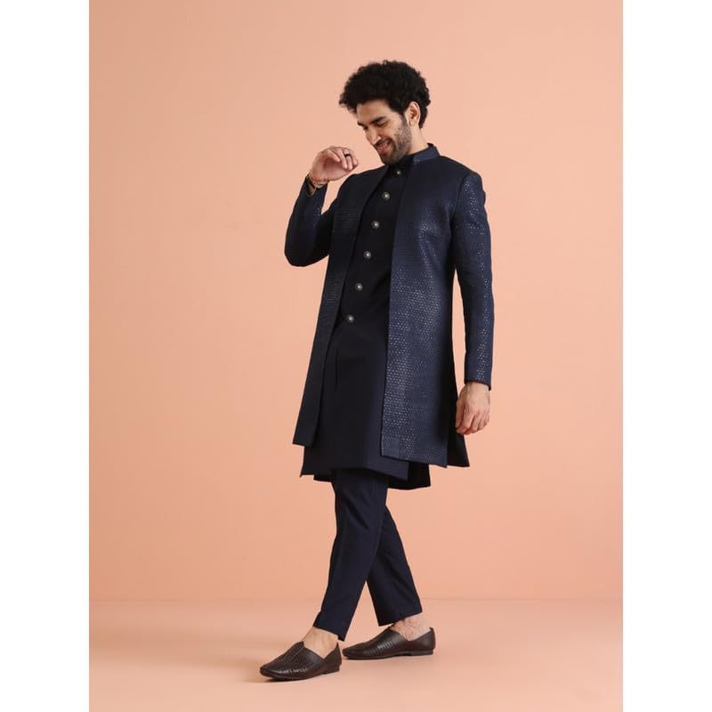 Kisah Mens Indo-Western Sherwani Trouser Set|Silk Blend Fabric Sherwani Set With Trousers Self Design Pattern Mens Ethnic Wear|R