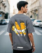 Bewakoof X Official Garfield Merchandise MenS Smiling Cat Graphic Printed 100% Cotton T-Shirt - Oversized Fit, Round Neck, Half