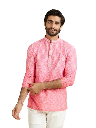 Manyavar MenS Cotton Blend Bandhani Print Short Kurta(Pink,Xl)