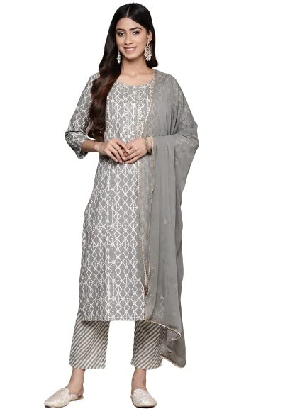 Anubhutee Women'S Cotton Grey Abstract Printed Straight Kurta Suit Set With Pants And Dupatta
