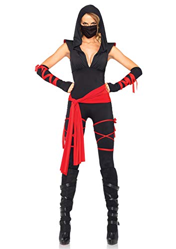 Leg Avenue 4 Piece Deadly Ninja Set - Hooded V Neck Jumpsuit and Mask Halloween Costume for Women, Black/Red, Large