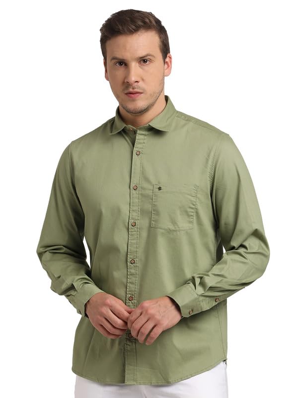 Turtle Men Solid Slim Fit Olive Printed Full Sleeve Casual Shirt