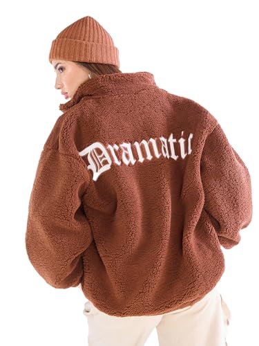 Bewakoof Womens Typography Super Loose Fit Full Sleeve High Neck Fluff Jacket_597102_Brown_2XL