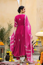 ANNI DESIGNER Womens Rayon Blend Anarkali Printed Kurta with Pant & Dupatta (Berlin Pink_L_Pink_Large)